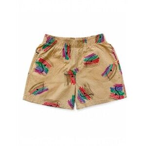 Vintage 90s Express Kids Swim Trunks Tan Abstract Print 24M USA Cotton Retro